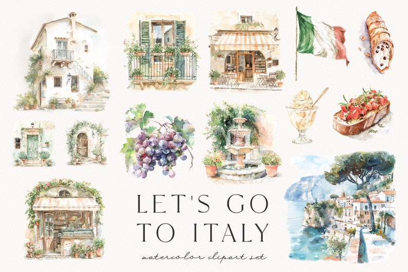 Let's go to Italy, watercolor summer clipart, travel, ancient roman, italian sceneries, italian street, scrapbooking, aesthetic, download image 3