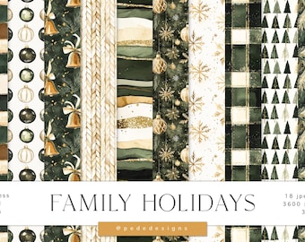 Family Holidays Digital Paper Pack, christmas digital papers, holiday seamless, snowflakes, christmas tree background, baubels, download