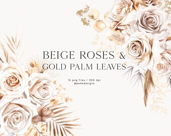 Beige Roses & Gold Palm Leaves, watercolor flowers, premade bouquet clipart, rose flower, tropical leaves, premade elements, download