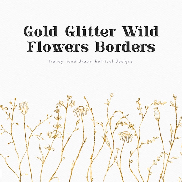 Gold Glitter wild flowers borders, gold meadow clip art, flowers clipart, wedding, logo elements, floral border png, botanical, download