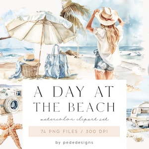 Un día en la playa, imágenes prediseñadas de verano en acuarela, viajes, imágenes prediseñadas para niñas, ilustraciones de moda, ropa de verano, conchas marinas, mar y océano, descargar