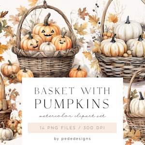 Autumn Basket with Pumpkins, watercolor autumn clipart, fall png, pumpkin graphics, autumn botanicals countryside, thanksgiving, download