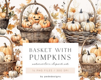 Autumn Basket with Pumpkins, watercolor autumn clipart, fall png, pumpkin graphics, autumn botanicals countryside, thanksgiving, download