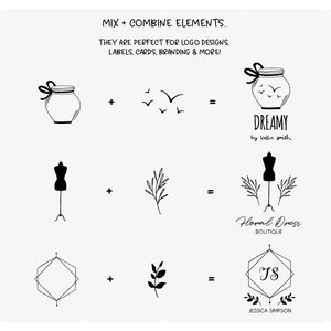 May include: A graphic design guide showing how to combine different elements to create logos. The guide shows three examples of logos created by combining different elements. The first logo is a jar with birds flying out of it, the second logo is a dress form with branches, and the third logo is a geometric shape with a monogram and branches.