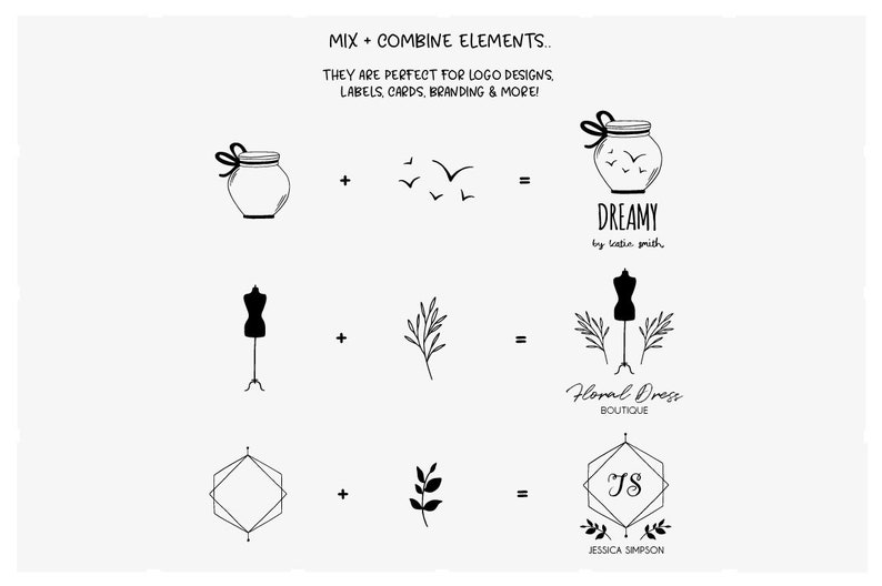 May include: A graphic design guide showing how to combine different elements to create logos. The guide shows three examples of logos created by combining different elements. The first logo is a jar with birds flying out of it, the second logo is a dress form with branches, and the third logo is a geometric shape with a monogram and branches.
