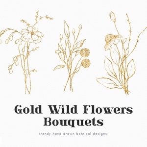 Wild flowers bouquets, gold meadow clip art, filed plants, bouquet bundle, gold glitter, logo elements, flower bouquet, botanical, download