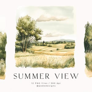 Sommarlandskapsillustration, akvarellvy clipart, resegrafik, sommarfält, landsbygd, sommar png clipart, ladda ner