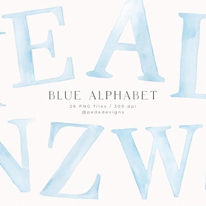 May include: Light blue watercolor alphabet letters on a white background. The image includes the text "BLUE ALPHABET" and "26 PNG files / 300 dpi @pededesigns". The letters are in a sans-serif font.