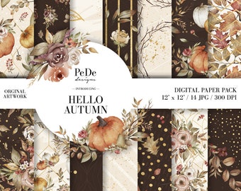 Hello Autumn, autumn digital paper pack, planner supplies, pumpkin patterns, gold confetti, fall background, download