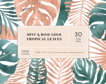 Dusty Mint & Rose Gold Tropical Leaves Clip Art, botanical, monstera, greenery png, foliage, palm tree leaf clipart, jungle leaves, download