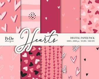 Hearts digital paper, valentine's day digital paper pack, love patterns, wedding background, valentine pattern, download