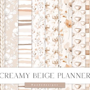 Pack de papier numérique pour agenda beige crème, fille de l'agenda, papiers numériques floraux, motifs sans couture, rayures, tricot, points, café, téléchargement