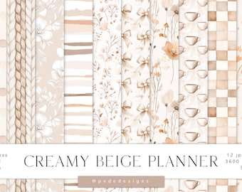 Creamy Beige Floral Digital Paper Pack: Seamless Planner Patterns (Digital Download)
