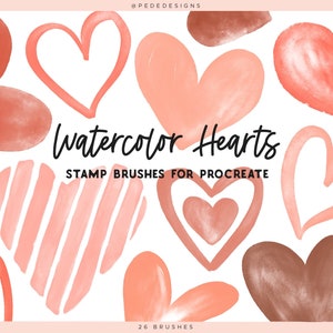 K&ouml;nnte beinhalten: Ein Set mit 26 Aquarell-Herzen-Stempelpinseln f&uuml;r Procreate. Die Pinsel sind in verschiedenen Rosat&ouml;nen, Rot- und Braunt&ouml;nen gehalten. Der Text "Watercolor Hearts" und "Stamp Brushes for Procreate" wird auf wei&szlig;em Hintergrund angezeigt.