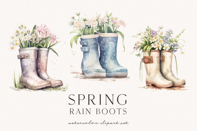 May include: Three pairs of watercolor rain boots with flowers inside. The boots are blue with white polka dots, pink with white polka dots, and white with brown accents. The flowers are white, pink, and purple.