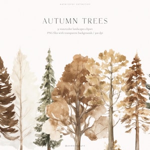 Pode incluir: Uma coleção de cliparts de árvores de outono em aquarela com várias espécies de árvores em tons de marrom, bege e verde suave. O texto diz AUTUMN TREES, 31 watercolor landscapes clipart, PNG files with transparent backgrounds / 300 dpi.