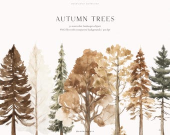 Autumn Watercolor Trees Clipart, Fall Tree PNG, Woodland Landscape Clipart, Forest Trees ( Digital Download)