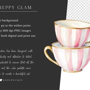 May include: Two watercolor illustrations of pink and white striped teacups with gold trim. The teacups are stacked on top of each other.