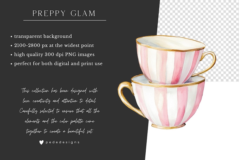 May include: Two watercolor illustrations of pink and white striped teacups with gold trim. The teacups are stacked on top of each other.