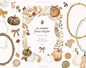 Autumn Forest Watercolor Clipart Set with Fall Leaves PNG, Pumpkins, Mushrooms, Botanical Frames, Woodland Elements (Digital Download)