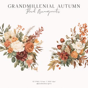 May include: Watercolor floral arrangements in autumnal colors. The image features two bouquets with roses, berries, and foliage in shades of cream, orange, and burgundy. Text reads "GRANDMILLENNIAL AUTUMN Floral Arrangements."