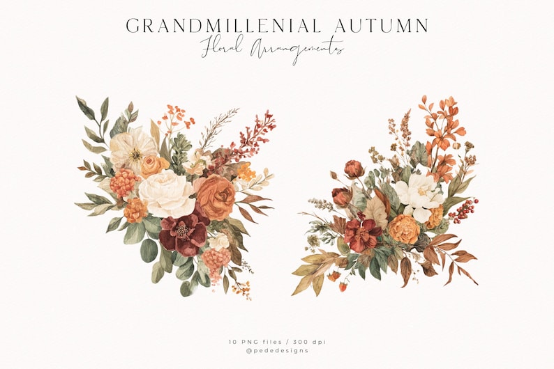 May include: Watercolor floral arrangements in autumnal colors. The image features two bouquets with roses, berries, and foliage in shades of cream, orange, and burgundy. Text reads "GRANDMILLENNIAL AUTUMN Floral Arrangements."