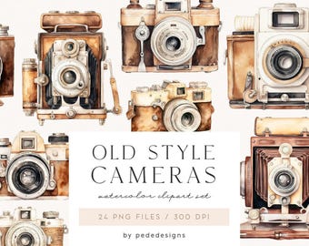 May include: A collection of watercolor illustrations featuring various vintage cameras in shades of brown and cream. The central text reads OLD STYLE CAMERAS watercolor clipart set, 24 PNG FILES / 300 DPI, by pededesigns.