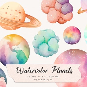 水彩の惑星のクリップアート、惑星のクリップアート、太陽系、地球、月、火星、かわいい銀河の惑星、天の月、パステルカラー、ダウンロード