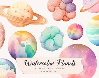 Clip art di pianeti ad acquerello, clipart di pianeti, sistema solare, terra, luna, marte, dolce pianeta galassia, luna celeste, colori pastello, download