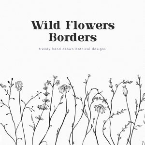 Bordas de flores silvestres, clipart de prado, clipart de flores desenhadas à mão, casamento, elementos de logotipo, borda floral png, botânico, baixar