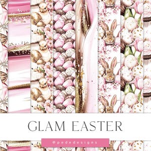 Set di carte digitali Glam Easter, carta digitale primaverile, motivo ripetuto, motivo pasquale, sfondi rosa senza soluzione di continuità, uova di Pasqua, download