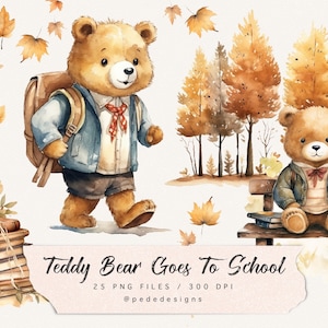 Teddybeer gaat naar school, aquarel terug naar school clipart, herfstillustraties, herfstelementen, teddybeer png, schoolgraphics, download