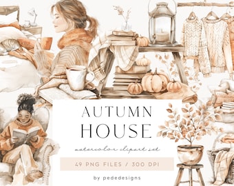 Herfsthuis, aquarel herfst clipart, herfst png-afbeeldingen, huis clipart, mooi meisje illustratie, gezellige esthetiek, bed, fauteuil, download