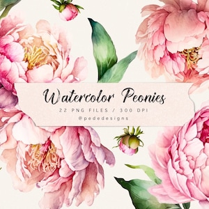 Aquarell Pfingstrosen Clip Art Pack, Blumen Clipart, Aquarell rosa Pfingstrose, Planer Aufkleber, Hochzeit Illustration, Blätter Png, Download