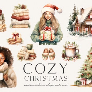 Pode incluir: Ilustra&ccedil;&otilde;es de aquarela de elementos natalinos aconchegantes, incluindo uma cabana na neve, uma &aacute;rvore de Natal, uma menina segurando um presente, uma mulher com uma x&iacute;cara de caf&eacute;, uma pilha de su&eacute;teres, uma x&iacute;cara de chocolate quente com marshmallows e um par de pantufas. O texto "COZY CHRISTMAS watercolor clip art set" est&aacute; na parte inferior da imagem.