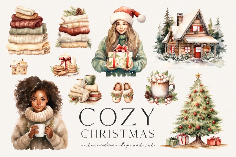 Pode incluir: Ilustra&ccedil;&otilde;es de aquarela de elementos natalinos aconchegantes, incluindo uma cabana na neve, uma &aacute;rvore de Natal, uma menina segurando um presente, uma mulher com uma x&iacute;cara de caf&eacute;, uma pilha de su&eacute;teres, uma x&iacute;cara de chocolate quente com marshmallows e um par de pantufas. O texto "COZY CHRISTMAS watercolor clip art set" est&aacute; na parte inferior da imagem.
