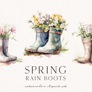 May include: Three pairs of rain boots with colorful spring flowers in them. The boots are blue, white, and brown. The flowers are pink, white, yellow, and purple. The text "SPRING RAIN BOOTS watercolor clipart set" is at the bottom of the image.