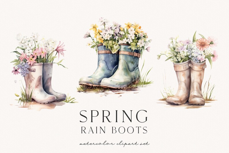 May include: Three pairs of rain boots with colorful spring flowers in them. The boots are blue, white, and brown. The flowers are pink, white, yellow, and purple. The text "SPRING RAIN BOOTS watercolor clipart set" is at the bottom of the image.