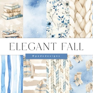 Könnte beinhalten: Ein Set mit 12 digitalen Papieren mit Aquarell-Illustrationen von blauem und beigefarbenem Karo, Streifen, Blättern, Stricktexturen und Büchern. Die Papiere sind nahtlos und haben eine Auflösung von 3600 x 3600 Pixel bei 300 dpi. Der Text "ELEGANT FALL" wird in der Mitte des Bildes angezeigt.
