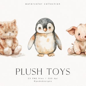 Watercolor Plush Animal Clipart Set: Nursery PNG Graphics (digital ...