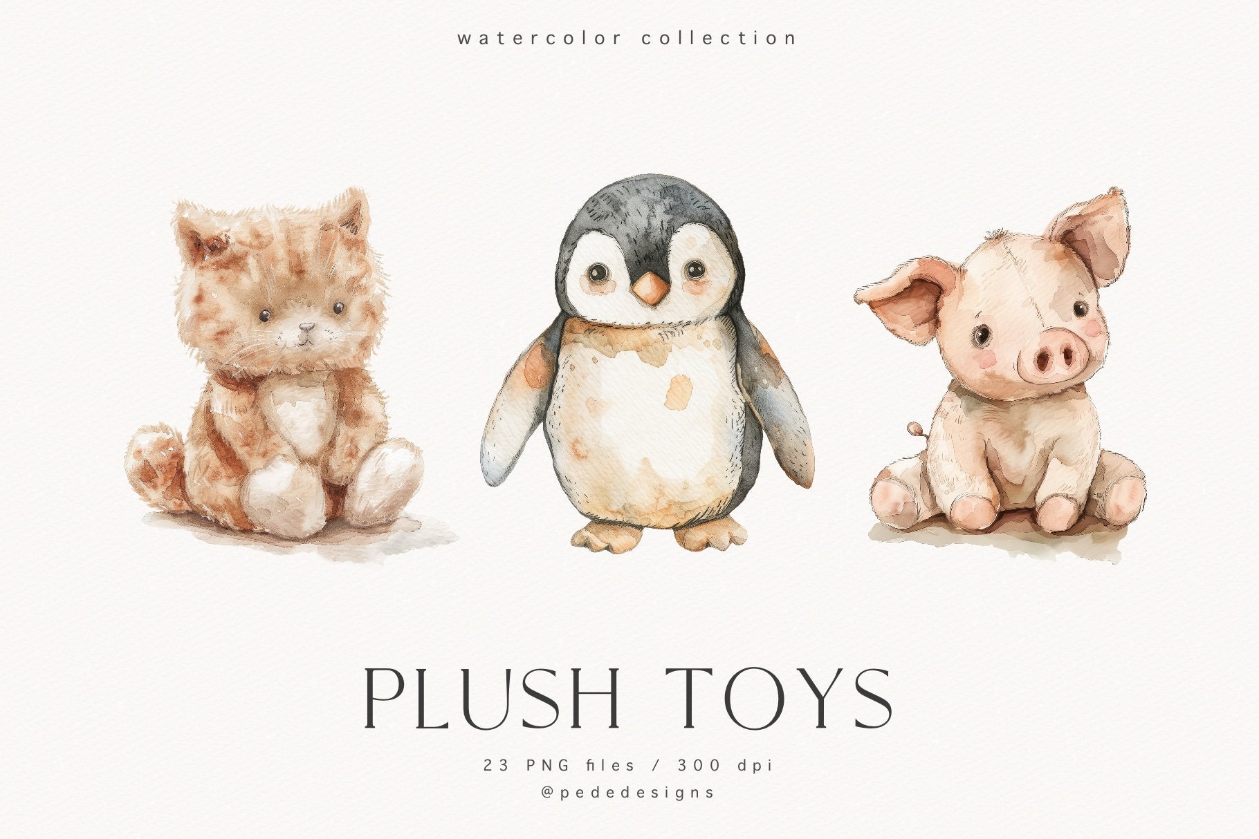 Watercolor Plush Animal Clipart Set: Nursery PNG Graphics (digital ...
