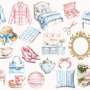 Preppy Glam Clip Art Set, watercolor spring png, girl clipart, stripes, plaid pattern, preppy spring digital stickers, interior, download image 6