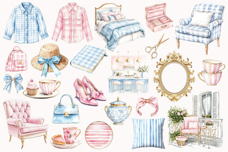 Preppy Glam Clip Art Set, watercolor spring png, girl clipart, stripes, plaid pattern, preppy spring digital stickers, interior, download image 6