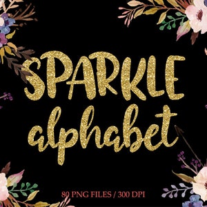 Clipart de alfabeto brilhante, alfabeto com glitter dourado, letras digitais, números, letras com glitter dourado, pincel, download