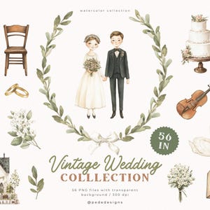 Puede incluir: Una colección de acuarelas digitales con ilustraciones de temática nupcial que incluyen una pareja, una iglesia, un pastel de tres pisos, un violín, dos cisnes, una silla, una llave, anillos, zapatos y follaje. Texto: Vintage Wedding COLLLECTION.