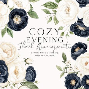Kompozycje kwiatowe z kolekcji Cozy Evening, kwiaty akwarelowe, beżowe cliparty kwiatowe, cliparty bukietów ślubnych, granatowe, pobierz