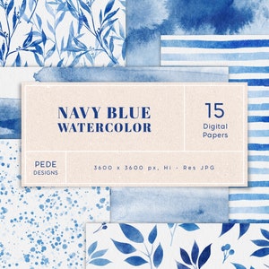 Carta digitale acquerello blu navy, texture acquerello indaco, carta digitale senza soluzione di continuità, stampabile, carta pianificatore, foglie, splatter, download