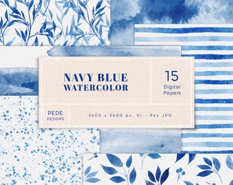 Navy Blue Watercolor Digital Paper, indigo watercolor texture, seamless digital paper, printable, planner paper, leaves, splatter, download