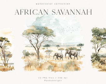 African Savannah Watercolor Clipart: Lion, Giraffe, Elephant PNG (Digital Download)