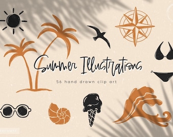 May include: A collection of summer-themed illustrations featuring a sun, palm trees, a bird, a compass rose, a bikini, sunglasses, a seashell, an ice cream cone, and a wave. The text reads Summer Illustrations 56 hand drawn clip art.